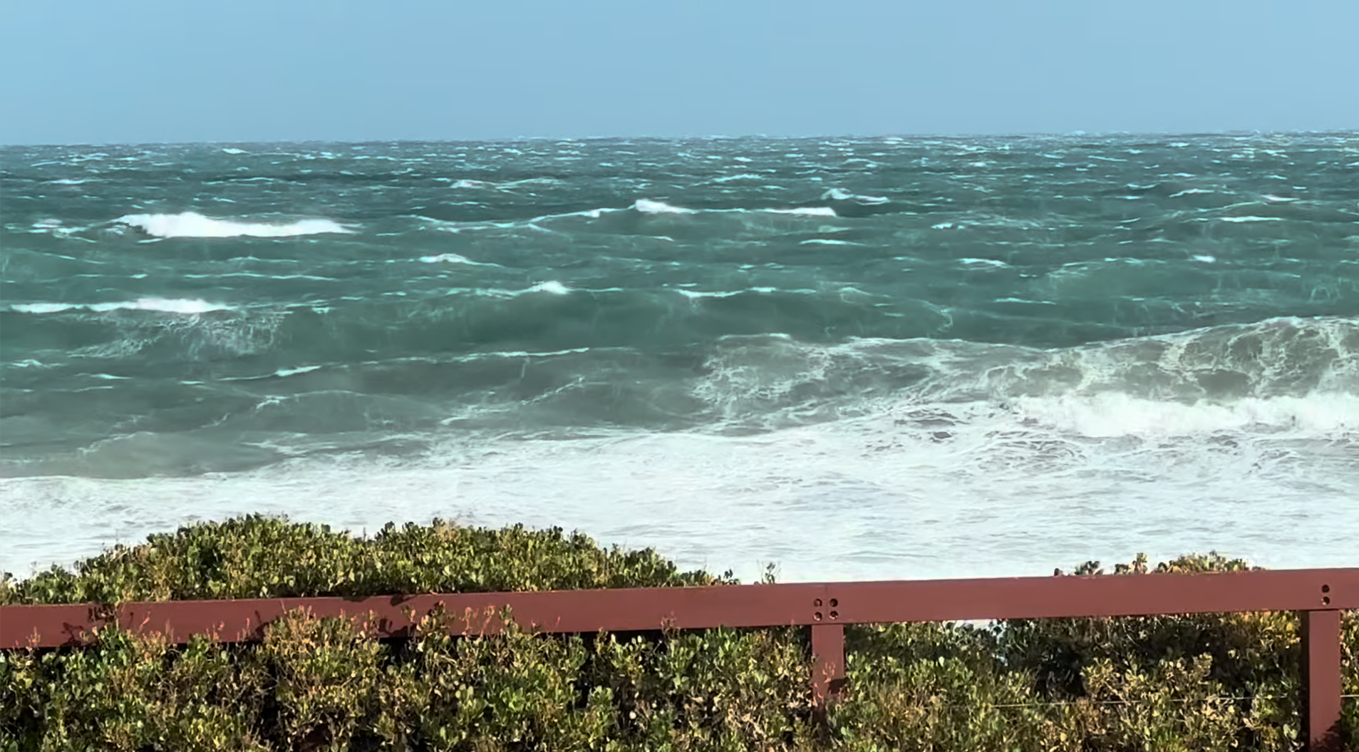 Ocean waves crashing against a shoreline with a railing and greenery.