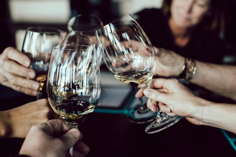 A group of people clinking wine glasses in a toast.