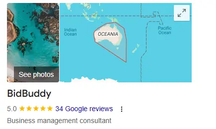 Map highlighting Oceania with a business rating display.