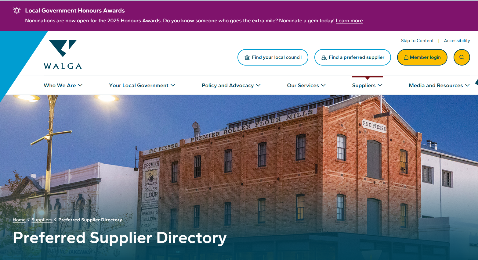 WALGA logo and a street view of a brick building with "Preferred Supplier Directory" text.