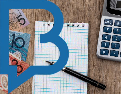 Australian currency, calculator, and notepad with pen — Bidbuddy logo overlay for Step 4 of the Bid No Bid Journey: calculating your bidding budget.
