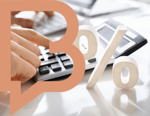 Hand using calculator next to percentage symbol with Bidbuddy icon overlay — visual for Step 3 of the Bid No Bid Journey: calculating the odds.
