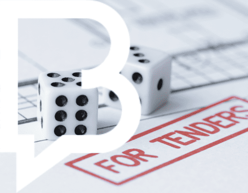 Dice placed on tender registration documents with Bidbuddy icon overlay — visual for Step 1 of the Bid No Bid Journey.