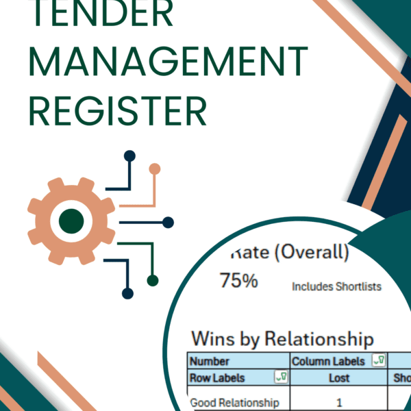 Cover image of Bidbuddy’s Tender Management Register showing gear icon, win rate chart, and relationship tracker.