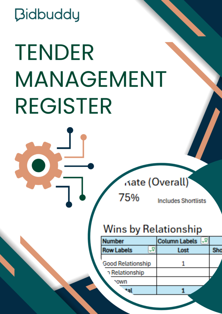 Cover image of Bidbuddy’s Tender Management Register showing gear icon, win rate chart, and relationship tracker.
