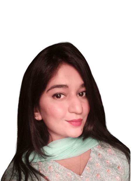 Sana, team member at Bidbuddy, in a soft pink and mint outfit with long dark hair and a confident smile.