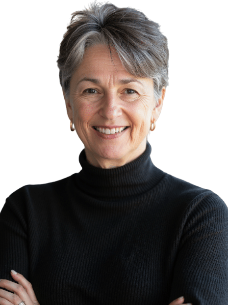 Sue, Managing Director at Bidbuddy, smiling confidently with arms crossed in a professional portrait.